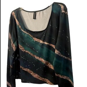 ηεω JFN Ocean-Teal Gold-Sand Business-Casual Scoop-Neck Long-Sleeve Perfect Top